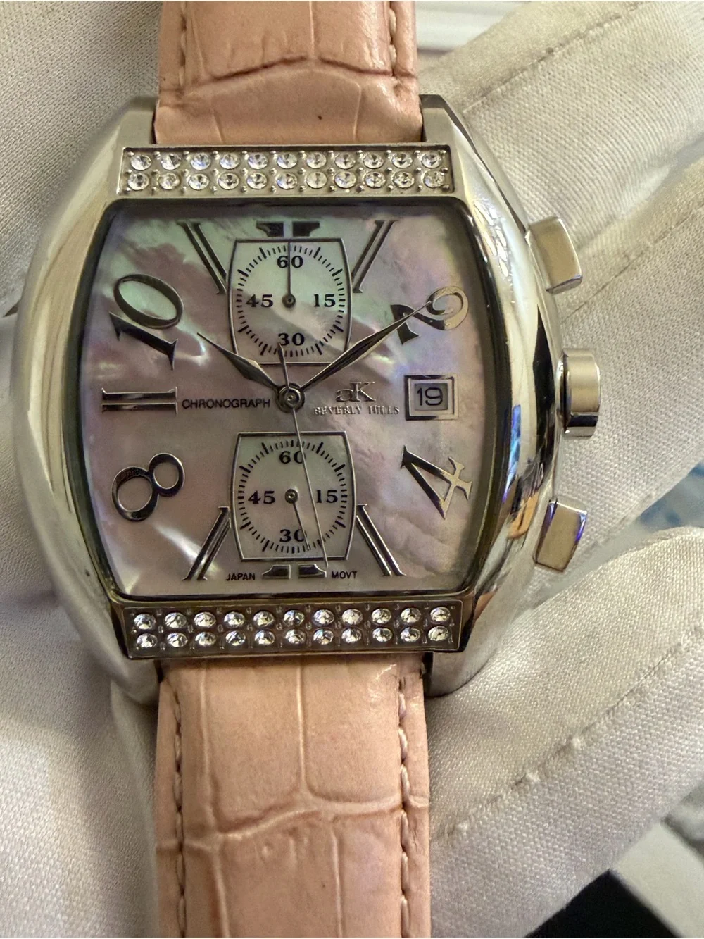Adee Kaye Beverly Hills Sport Chronograph Pink MOP Swarovski Crystal Watch